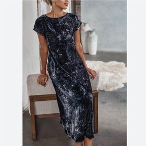 J.JILL PURE JILL TIE-DYED VELVET MAXI DRESS DEEP BLUE MULTI